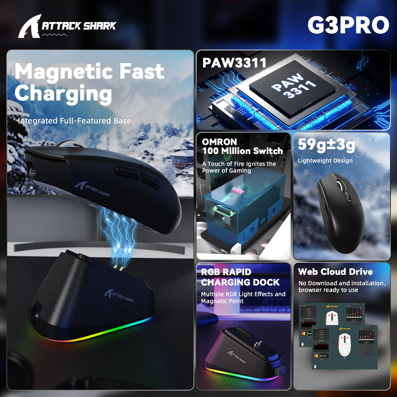 ATTACK SHARK G3PRO Tri-mode Wireless Gaming Mouse with Charge Dock 25000 DPI Ultra Lightweight - Image 8