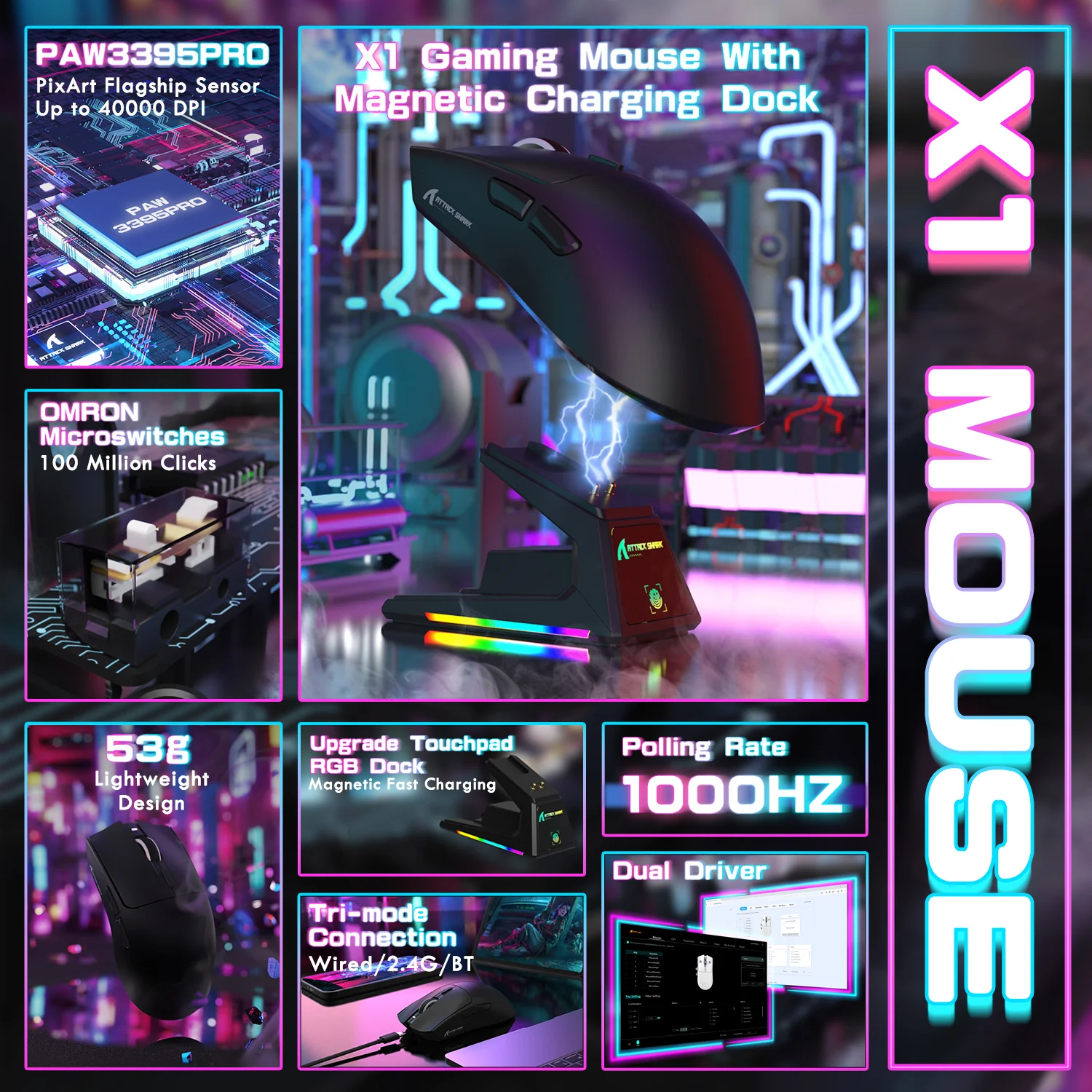 ATTACK SHARK X1 Tri-mode Gaming Mouse With Touchpad RGB Charging Dock PAW3395PRO Sensor - Image 11