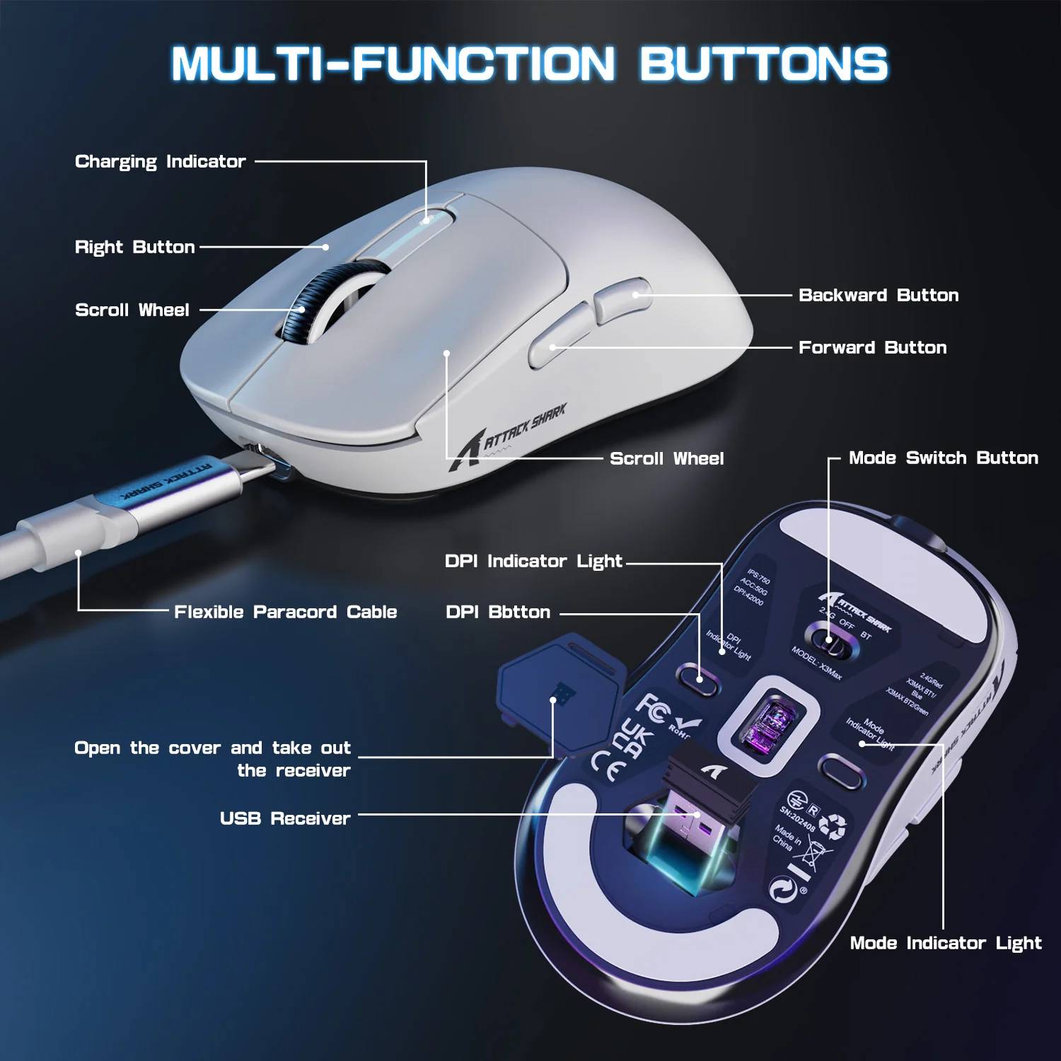 ATTACK SHARK X3MAX PAW3950 Wireless Gaming Mouse with C06 Mouse Coiled Cable - Image 8