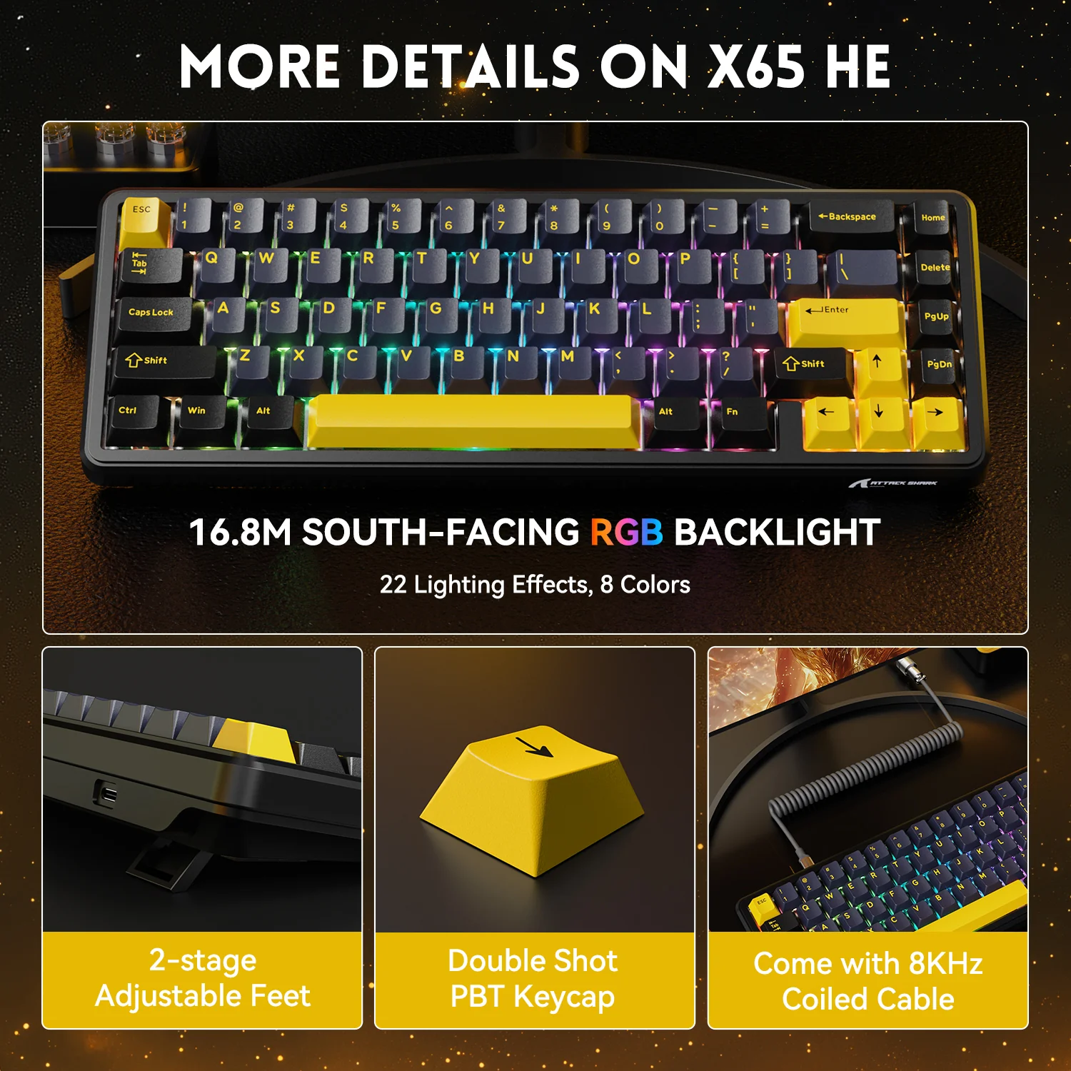ATTACK SHARK X65 HE Magnetic Switch Rapid Trigger Keyboard With 8Khz Coiled Cable - Image 5