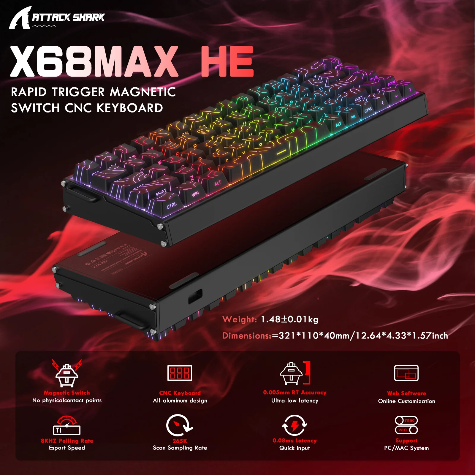 ATTACK SHARK X68MAX HE Rapid Trigger CNC Aluminum Keyboard Magnetic Switch with C01Ultra RGB Coiled Cable - Image 19
