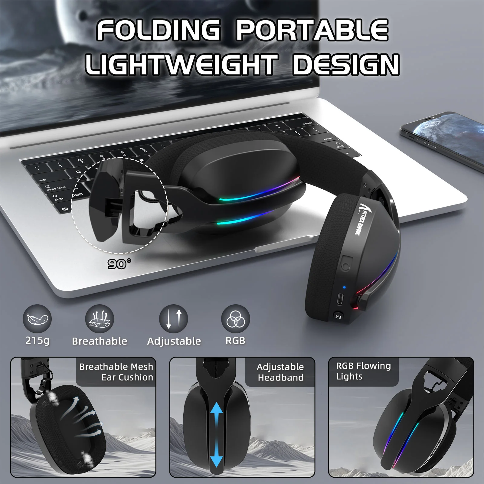 ATTACK SHARK L90 Foldable RGB Ultra-Light Tri-Mode Gaming Headset - Image 5